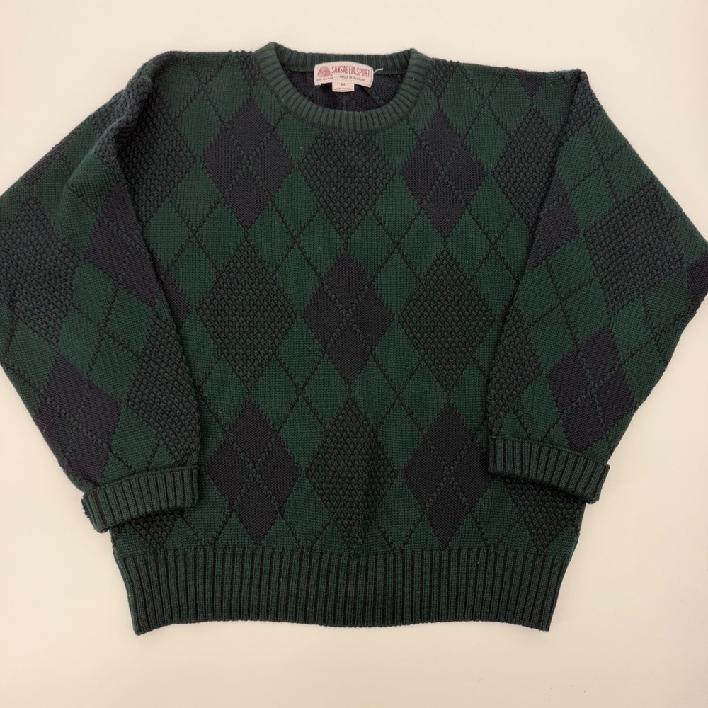 Vintage Saks Fifth Avenue Wool Argyle Sweater Green Navy Grandpa Preppy M